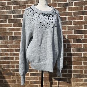 Crown & Ivy Gray Embellished Crew Neck Sweater